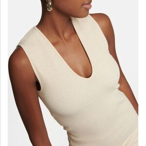 New Vince Cream Ribbed Knit Viscose V-Neck Tank Career Wear Teacher Modest $189
